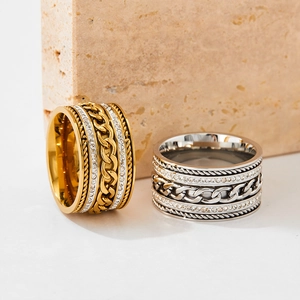 Double row diamond stainless steel spinner ring with curb chain design in gold and silver