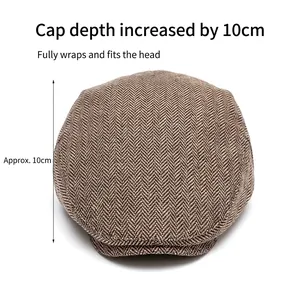 Classic men's herringbone newsboy cap in brown tweed with 10cm deep crown design