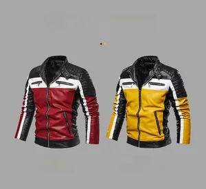 Detail of color-block motorcycle jacket featuring zipper pockets and quilted shoulders