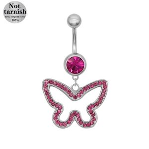 316L surgical steel bow belly button ring with pink rhinestones and a butterfly pendant
