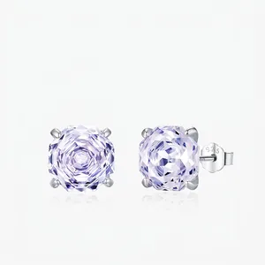 Stud Earrings With 925 Sterling Silver Earring Post Violet Cubic Zirconia Octagonal Cut Four Prong Fashion Jewelry Women