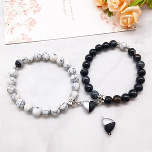 Magnetic heart couple bracelets set with white turquoise and black striped agate beads