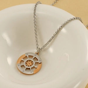 Men's titanium steel nautical compass pendant necklace in silver and rose gold finish