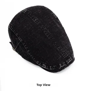 Top view of a black washed denim beret featuring distressed edges and fine mesh texture