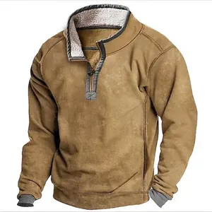 Men's retro camel faux suede pullover with half-zip stand collar and fleece lining