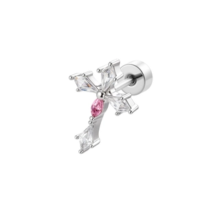 Silver cross stud earring with pink and white rhombus cubic zirconia and screw back closure