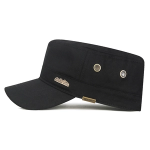Men's black cotton outdoor flat top cap with side metal logo and breathable eyelets