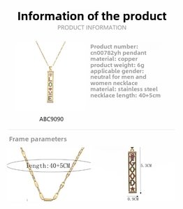 Detail of MOM and LOVE copper pendants with colorful zircon inlay and size dimensions
