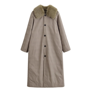 Plaid long coat with detachable fur collar in brown and beige tones, full view on white background