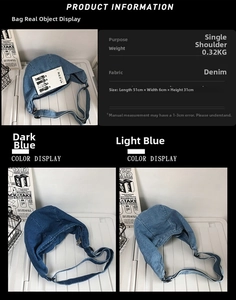 Detailed dimensions of a large denim crossbody bag showing its soft structure and sizing