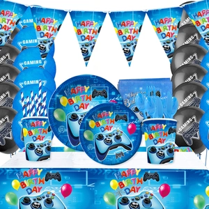 Blue Gaming party set with plates, napkins and banner for boy's birthday decorations