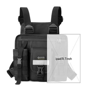 Detailed view of black tactical vest bag showing 9.7-inch iPad size capacity