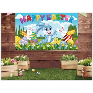 Detailed Happy Easter banner featuring cartoon rabbits and eggs on a rustic fence backdrop