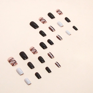 Brown and white plaid press-on nails with deep coffee tones in glossy square oval shapes