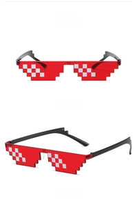 Front and 45-degree side views of red pixel mosaic sunglasses with black frame
