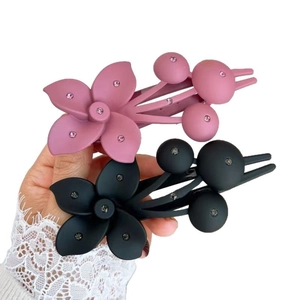 Frosted floral hair claw clips with rhinestones in pink-purple and black colors