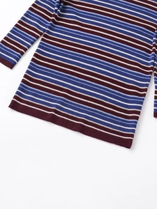 Close-up of the horizontal stripes and fine knit texture in burgundy and blue