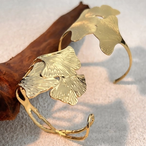 Ginkgo leaf cuff bracelet in 18K gold plated stainless steel with detailed veins