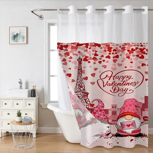 Detail of Valentine's Day waffle shower curtain with Eiffel Tower and gnome graphics