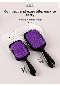 Detail of large and small hollow vent brushes in black and purple with diamond mesh design