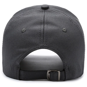 Rear view of dark grey baseball cap showing metal adjustment buckle and breathable holes