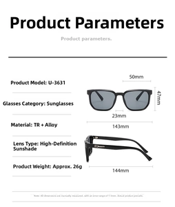 Detailed size chart for square sunglasses showing lens, frame, and temple dimensions
