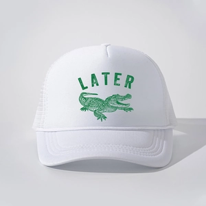 White foam mesh trucker hat featuring a green alligator graphic and LATER print