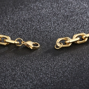 Macro shot of gold-plated lobster clasp and rectangular link chain on a dark surface