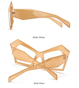 Side and back view of geometric polygonal cat eye sunglasses in beige acetate frame