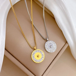 Minimalist titanium steel necklaces with crystal paved circle pendants in gold and silver