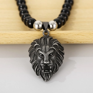 Vintage lion head pendant with 8mm black beads and stainless steel men's necklace