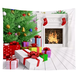 Detail view of a cozy Christmas tapestry featuring a decorated tree and fireplace