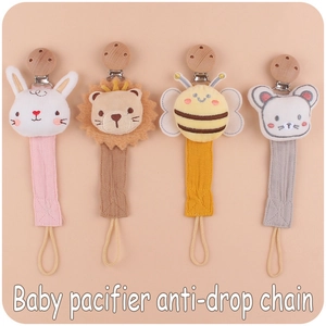 Detail of 4-pack baby pacifier clips featuring plush animal heads and beech wood fasteners
