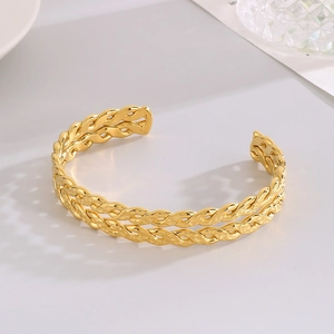 French vintage style gold braided twist open cuff bangle bracelet in high polished metal