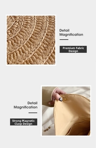Detail view of woven straw bag with magnetic closure and beige interior lining