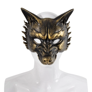 Vintage bronze wolf half-face mask for masquerade party shown on a white mannequin head