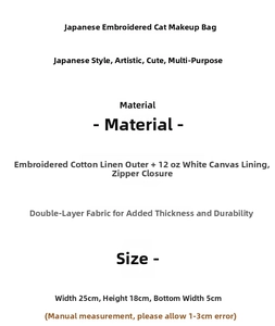 Detailed material view showing embroidered cotton linen and canvas lining for makeup bag