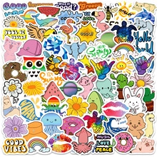 Detailed view of assorted cartoon heart stickers featuring animals and positive quotes