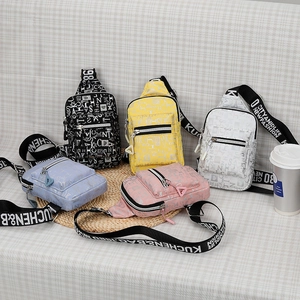 Versatile lightweight chest bags with all-over letter prints in five vibrant colors
