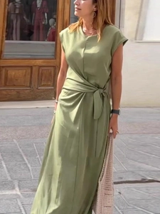 Elegant olive green sleeveless midi dress with waist tie and solid color casual style