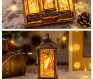 Macro detail of bronze Christmas lanterns with festive motifs in a warm holiday scene