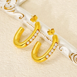 U-Shaped Stainless Steel Hoop Earrings With 18K Gold Plating And Artificial Pearls Geometric French Retro Minimalist Jewelry For Women