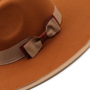 Detail of a brown wool fedora hat featuring a matching silk ribbon bow on the side
