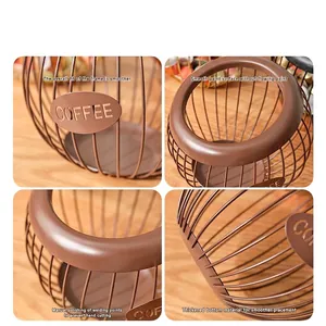 European industrial brown wire coffee pod storage basket with coffee label detail