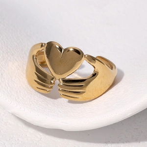 Minimalist 18K gold plated stainless steel heart hands ring with adjustable open design