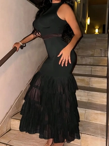 Elegant black sleeveless bodycon knit dress with tiered mesh fringe mermaid skirt
