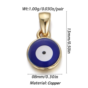 Detailed view of gold plated copper evil eye charm with dimensions and material specs