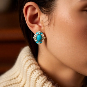 Détail du clou d'oreille vintage turquoise ovale avec émail bleu et finition dorée
