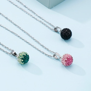 Three silver-plated stainless steel necklaces with colorful rhinestone paved ball pendants