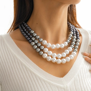Detail of three-layer gradient faux pearl necklace featuring white and grey beads on a model